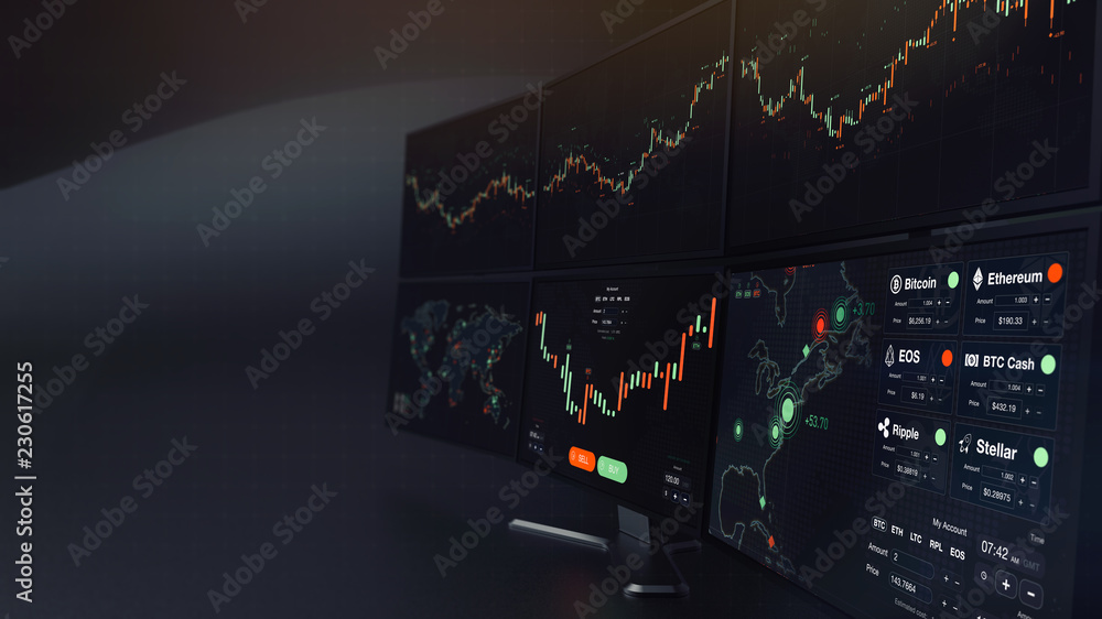 Poster futuristic stock exchange scene with charts, numbers and world trading map displayed on multi screen