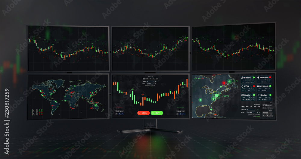 Fototapete futuristic stock exchange scene with charts, numbers and world trading map displayed on multi screen