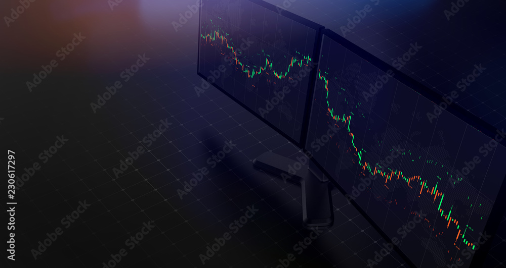 Poster futuristic stock exchange scene with charts, numbers and world trading map displayed on multi screen