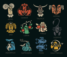 Vector set of twelve signs of the zodiac in the form of bright colored funny monsters in flat style. Icons for astrology horoscopes with inscriptions on black background