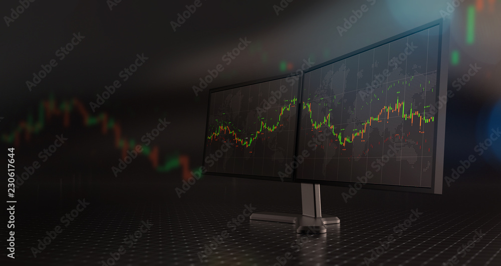 Poster futuristic stock exchange scene with charts, numbers and world trading map displayed on multi screen