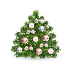 Fototapeta na wymiar Christmas shining green tree with rose gold toys. Realistic illustration on white background. Shining spark and create the impression of magic. EPS10