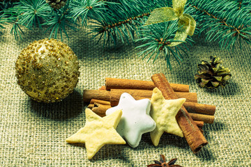 Christmas gingerbread cookies on sackcloth with cinnamon and star anis