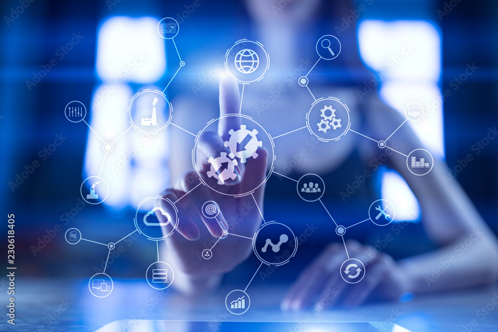 Poster data integration diagram and process automation business internet technology concept on virtual scre