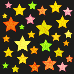 Multicolored bright stars on black background. Abstract colored patterns. Design for spiritual relaxation for adults. Zen art. Zentangle. Intricate symbols. Vintage style