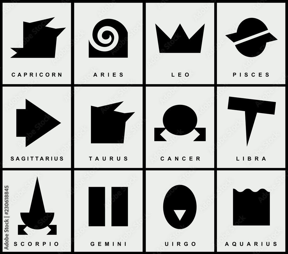 Aufkleber vector set of twelve signs of the zodiac in a primitive style. black and white abstract icons with n