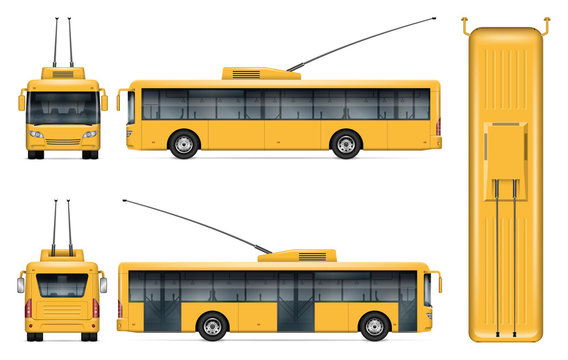 Yellow trolleybus vector mockup on white for vehicle branding, corporate identity. View from side, front, back, top. All elements in the groups on separate layers for easy editing and recolor