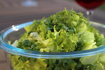 Fresh. green Spring salad from early vegetables, leave