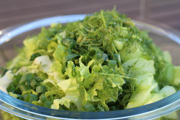 Fresh. green Spring salad from early vegetables, leave