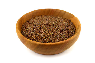 Isolated Flax Seed in Wooden Bowl (Flaxseed).