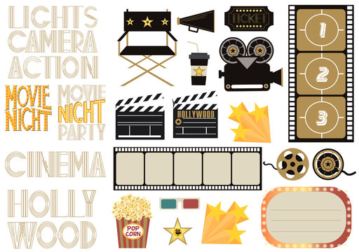 Set of cinema and film concepts illustration with movie theater elements. Editable vector illustration