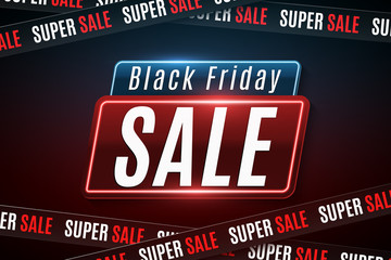 Black Friday Sale. Glowing neon banner. Black ribbon with text. Flyer, poster for sale. Modern web banner. Big discounts. Vector illustration