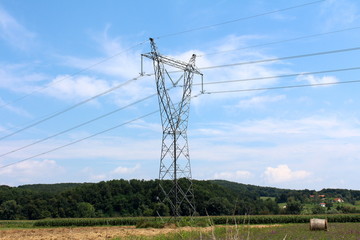 Tall metal power line connected with multiple wires high above ground covered with cornfield and uncut grass with left hay bales and forest with family houses in background on warm cloudy summer day