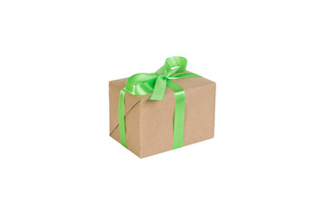 Gift box with green ribbon isolated on white background. holiday concept you you design. perspective view