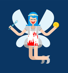 Angry Tooth Fairy. Scarry Little magical woman. Coin in exchange for tooth