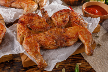 Chicken Tabaka on wooden background with tomato sauce.