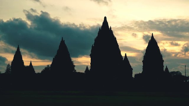 Prambanan temple silhouette on sunset in Jogjakarta, Indonesia