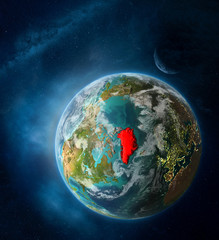 Greenland from space on Earth surrounded by space with Moon and Milky Way. Detailed planet surface with city lights and clouds.