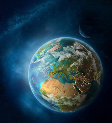 Kosovo from space on Earth surrounded by space with Moon and Milky Way. Detailed planet surface with city lights and clouds.