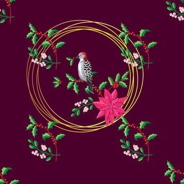 Seamless Pattern Christmas Decoration with Bird and Poinsettia