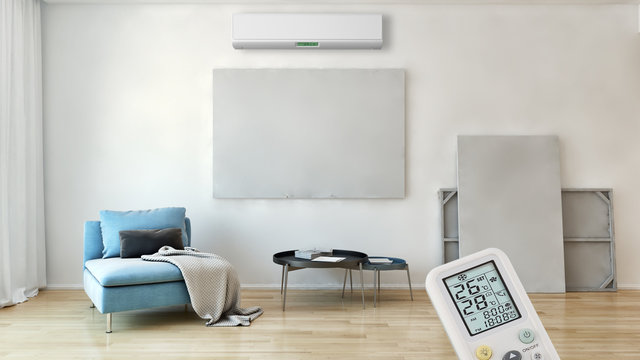 modern bright interiors Living room with air conditioning and remote control illustration 3D rendering computer generated image