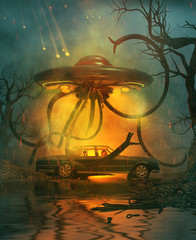 A family with a car broken down on a secluded forest at night with an attack of an ufo from the sky,scene for scary or horror concept and ideas,3d rendering - 230628041