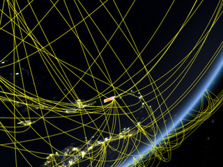 Puerto Rico on model of planet Earth with network at night. Concept of new technology, communication and travel.
