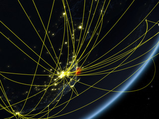eSwatini on model of planet Earth with network at night. Concept of new technology, communication and travel.