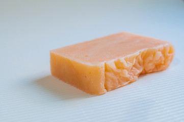 Organic handmade soap on white background flat lay