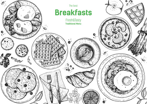 Breakfasts top view frame. Morning food menu design. Breakfast and brunches dishes collection. Vintage hand drawn sketch, vector illustration. Engraved style.