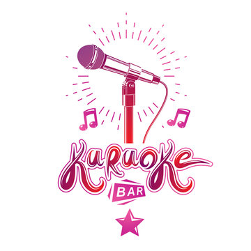 Karaoke bar lettering, conceptual emblem composed using microphone multimedia audio equipment and musical notes. Live music concert theme.