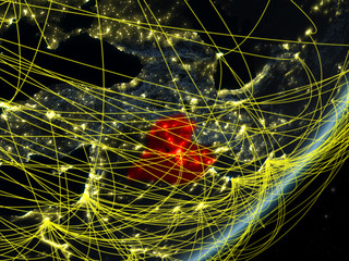 Iraq on model of planet Earth with network at night. Concept of new technology, communication and travel.