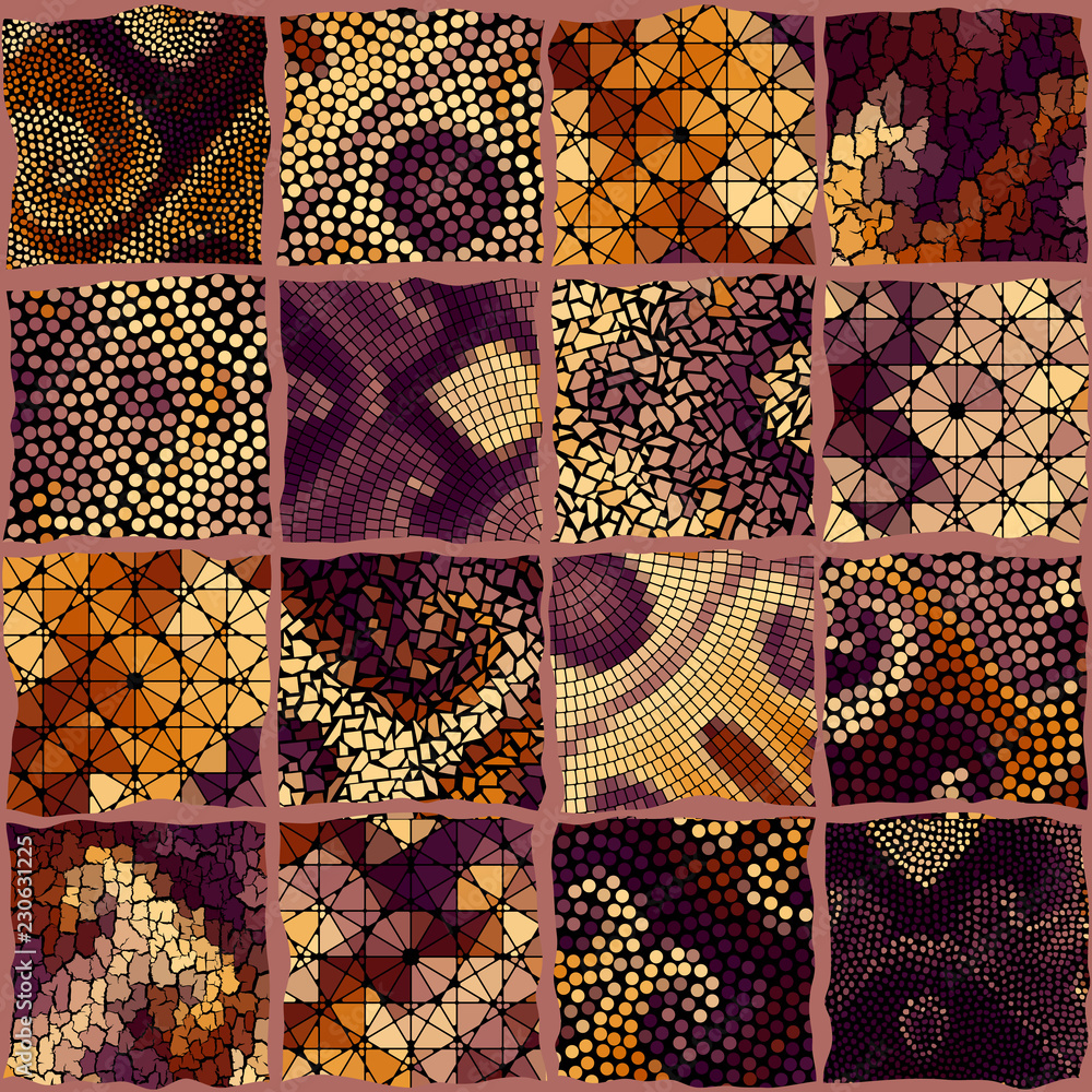Poster Seamless background pattern. Mosaic art pattern based on Art Nouveau style. Block design of squares. Vector image.