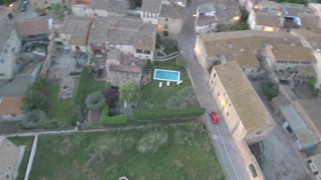 Drone in village of Girona, Costa Brava. Catalonia, Spain