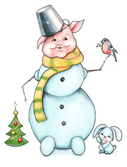 watercolor illustration: pig - snowman with bunny and bullfinch