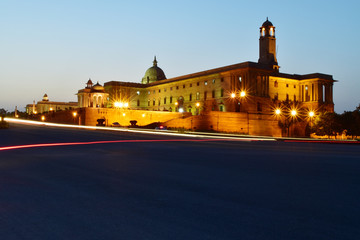 indian president house , Rajpath in city lights, New Delhi, India, Asia. Night photography on freeway of Rajpath.