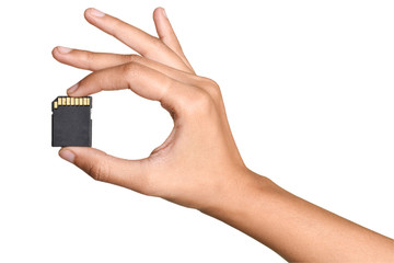 ad card holding in hand, isolated on white background