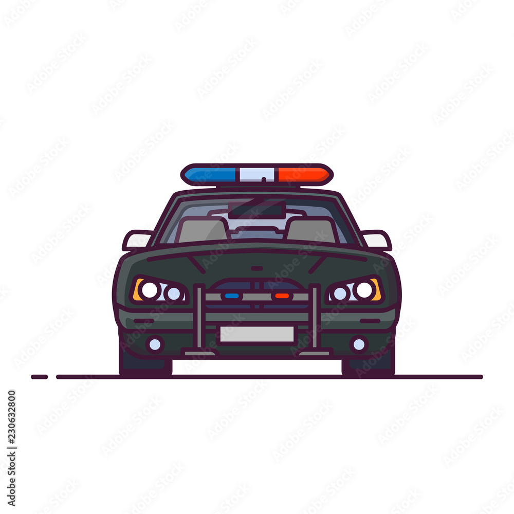 Wall mural front view of red police car with lights. line style vector illustration. vehicle and transport bann