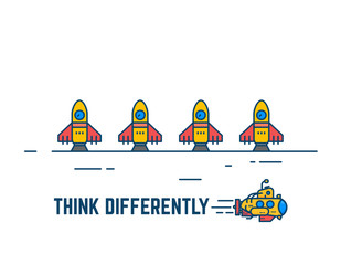 Think different banner. Yellow submarine swimming underwater. Rockets waiting to launch. Unusual solution for standard problems. New idea or concept.