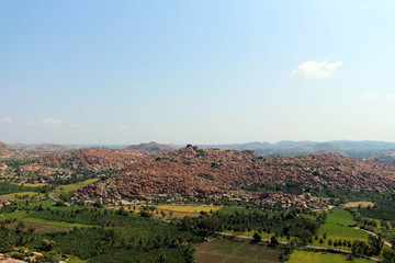 Fototapeta na wymiar The landscape scenery of Hampi, viewed from Anjana mountain or Hanuman Temple