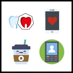 4 cafe icon. Vector illustration cafe set. spoiled tooth and smartphone icons for cafe works