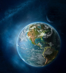 Belize from space on Earth surrounded by space with Moon and Milky Way. Detailed planet surface with city lights and clouds.