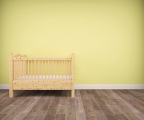 Kids room with yellow wall, parquet floor and baby bed in Swiss pine. 3d architecture visualization