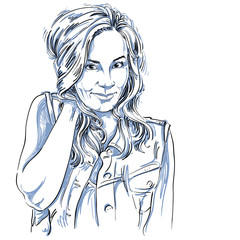 Vector art drawing, portrait of gorgeous flirting girl isolated on white. Facial expressions, people positive emotions, sexy lady with long wavy hair.