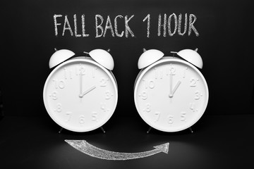 Fall back concept. Autumn Time change. Two vintage clocks with chalky text on blackboard