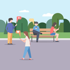 People in the Park with smartphones in their hands. Dependence on social networks, text messages, photos, music and video. Characters young men and women. Flat vector illustration