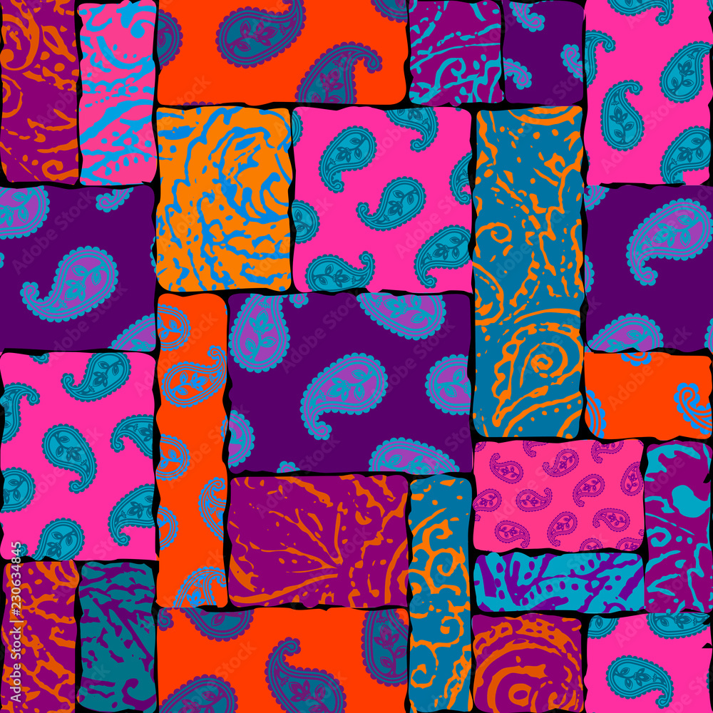 Poster seamless background pattern. patchwork pattern with paisley ornament patterns. bright magenta and or