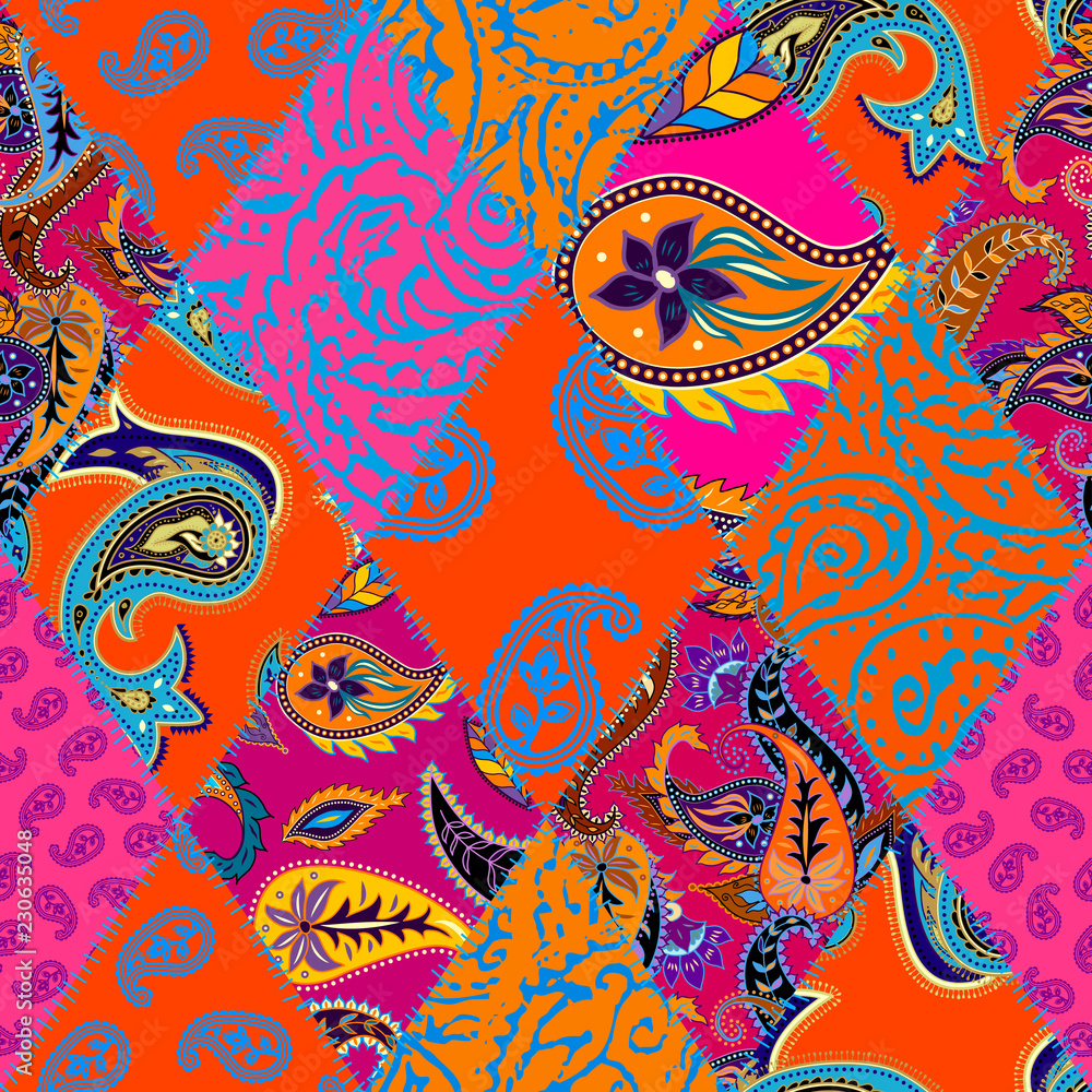Poster seamless background pattern. patchwork pattern with paisley ornament patterns. bright magenta and or