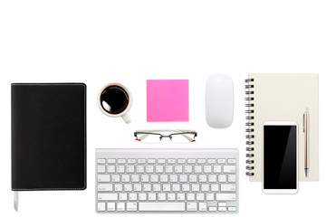 flat lay workspace table with laptop computer, office supplies, coffee cup, cell phone, tablet and coffee cup on white background