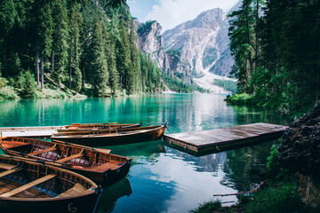 Beautiful view of Lago di Braies or Pragser wildsee, Italy.